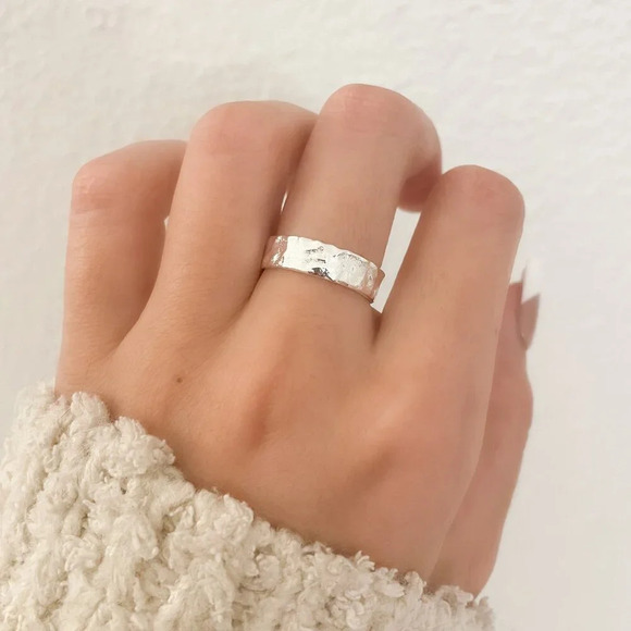 925 Sterling Silver Set of 2 Foil Rings Textured Ring Band Minimalist Ring - Picture 7 of 15